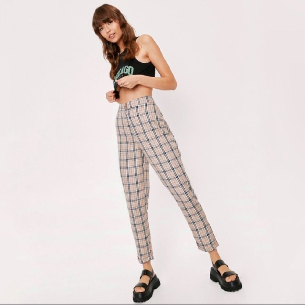 NWT Nasty Gal Turn Up Hem Check Tapered Pants sz 2